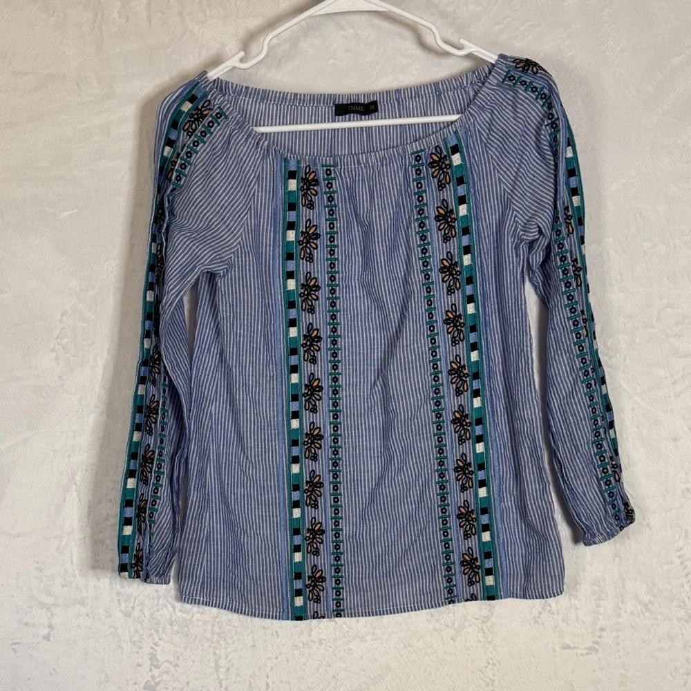 THML Blue Striped Women's Cotton Top with Embroidered Details XS